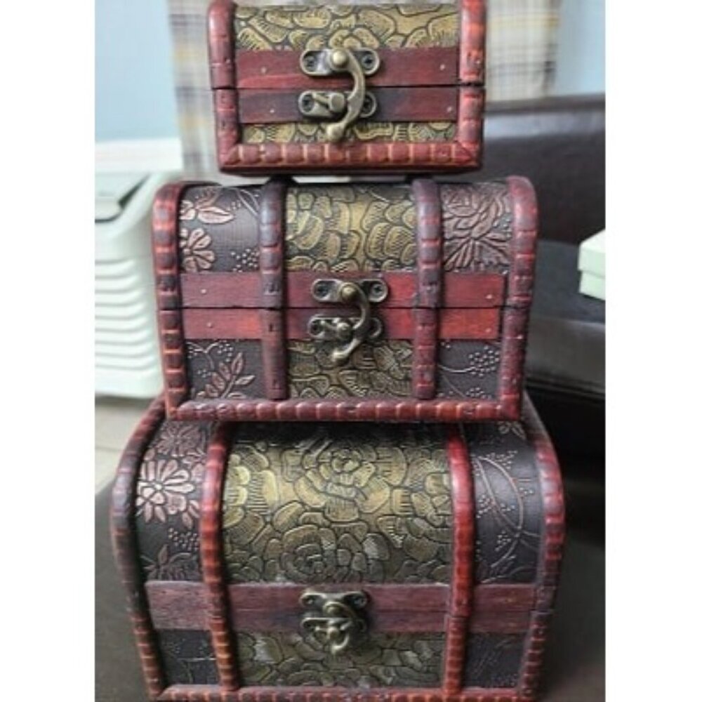 New 3-Set Small Wooden Treasure Chest Boxes with Flower Motifs, Decorative